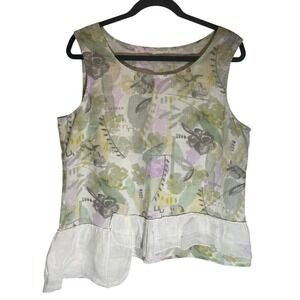 Click by Color‎ Me Cotton L Made in USA Linen Floral Asymmetrical Peplum Tank